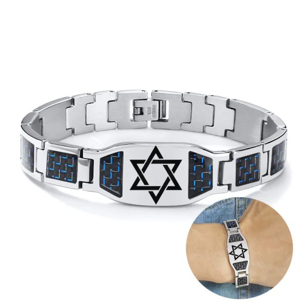 Pulseiras de fibra de carbono pulseira masculina personalizado estrela de david logotipo de aço inoxidável corrente de mão pulseiras para pai namorado presente