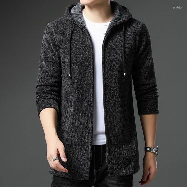 Maglioni da uomo Maglione lavorato a maglia di media lunghezza Cappotto autunno/inverno Cappotto nero Tendenza Casual Cerniera Cardigan a maniche lunghe Giacca con cappuccio