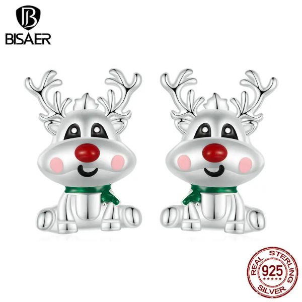 Brincos bisaer 100% 925 prata esterlina bonito natal rena brincos banhados a platina para mulher festa de natal jóias finas presente