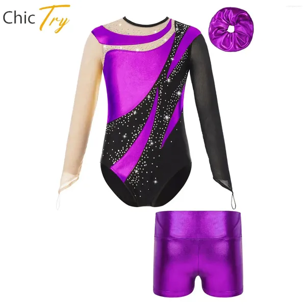 Abbigliamento da palcoscenico Bambina per bambini Balletto Completo da ballo Manica lunga Pattinaggio Ginnastica Tuta Abbigliamento da ballo Body lucido per bambini con pantaloncini metallizzati