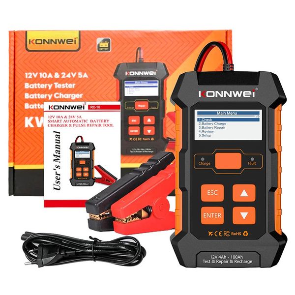 KONNWEI KW520 12V 10A 24V 5A Carregador automático de testador de bateria para caminhão de carro Bateria de carro chumbo ácido Ferramenta de reparo de pulso AGM Gel Lítio