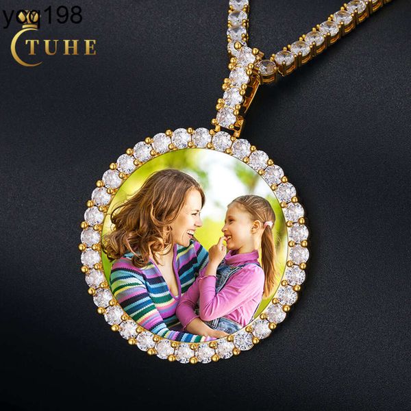 Collana con foto commemorativa, gioielli, ottone placcato oro reale da 42 mm, ciondolo con foto personalizzato rotondo con diamante AAAAA CZ con catena