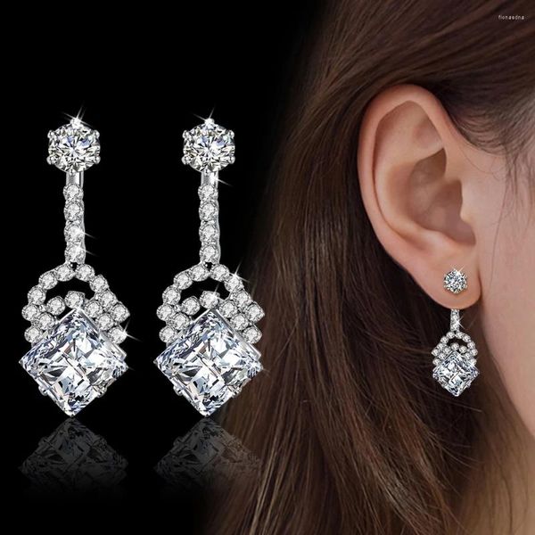 Orecchini pendenti Moda Lusso Cubic Zirconia Orecchino di fidanzamento per matrimonio Per Femal Gioielli in argento sterling 925 con disegno geometrico