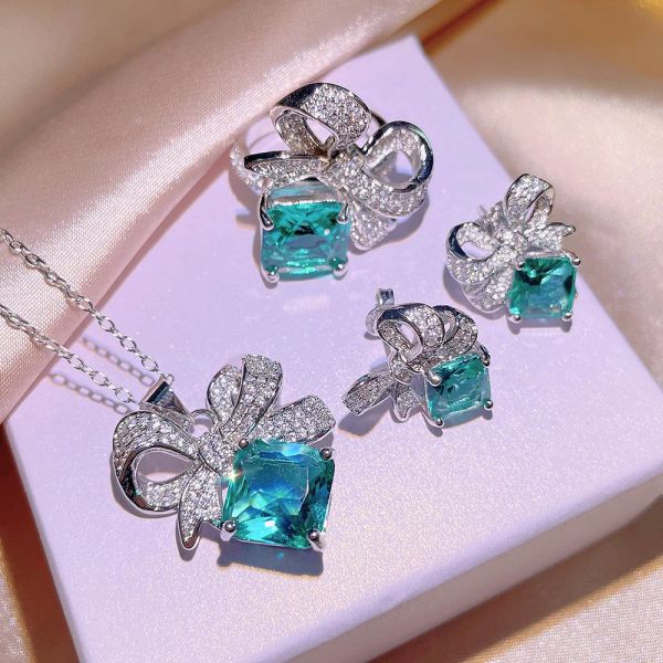 Conjuntos clássico bowknot esmeralda anel 925 prata esterlina rainestone pingente colar/brinco conjuntos de jóias femininas atacado