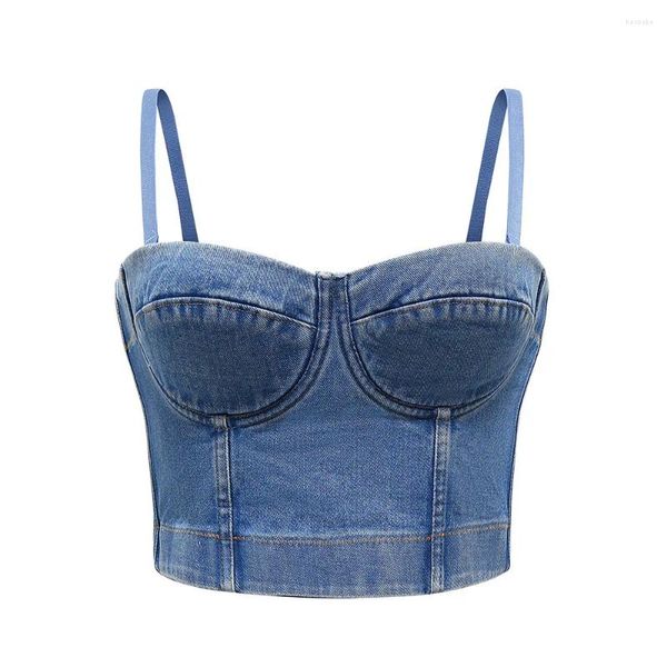 Tanques femininos denim bustier colheita superior jean espartilho sutiã com alças destacáveis camisola tanque colete antiderrapante anel de aço topos