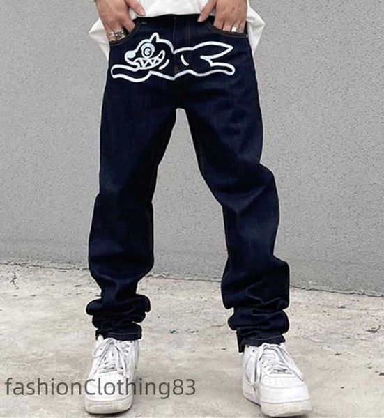 Jeans da uomo High Street Uomo Flying Dog Stampa Pantaloni di jeans casual larghi e dritti Pantaloni lavati vintage Hip Hop Streetwear Maschile