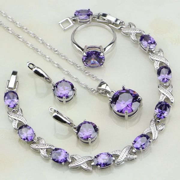 Conjuntos de zirconia cúbica roxa CZ 925 conjuntos de jóias de prata esterlina para mulheres pulseiras de presente de casamento/colar/pingente/brincos/anel