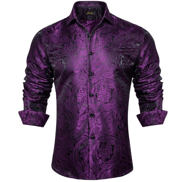 Camicia elegante in poliestere di seta a maniche lunghe da uomo con motivo cachemire viola di lusso, colletto button down, abbigliamento sociale per feste di ballo di fine anno 240219