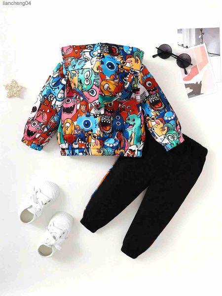 Set di abbigliamento Due set di pantaloni con cappuccio anteriori semiaperti per neonati e bambini, modello casual simpatico mostro, primavera e autunno