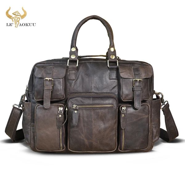 Backpack Men Men Real Genuine Leather Vintage Bedra de viagem de grande capacidade BUIONECIONAL DE VIAGEM 15.6 