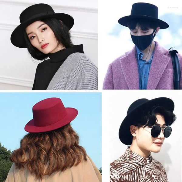 Berretti Cappello a cilindro classico Tinta unita Fedora in feltro vintage per uomo Donna Berretto in misto lana artificiale a tesa larga Semplice piatto