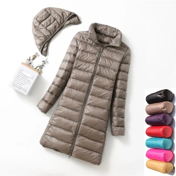 Coats Women Down Jacket moda moda chapéu capuz destacável Long Ultra Lightweight Packable Down Jacket Plus Tamanho 5xl Puffer Jackets