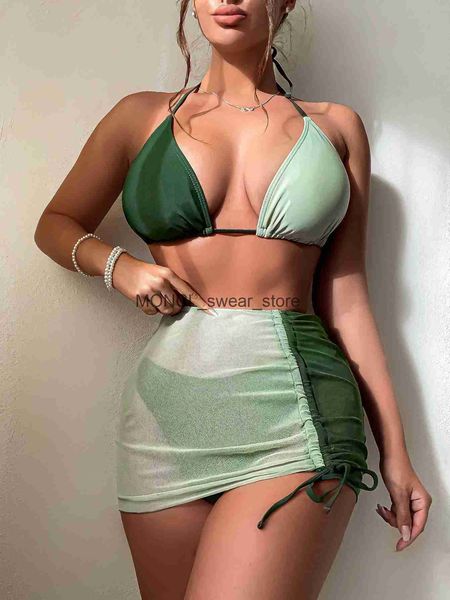 Costume da bagno donna sexy verde a contrasto bikini set donna halter costume da bagno gonna a pieghe costume da bagno 3 pezzi 2023 estate push up coverH24222