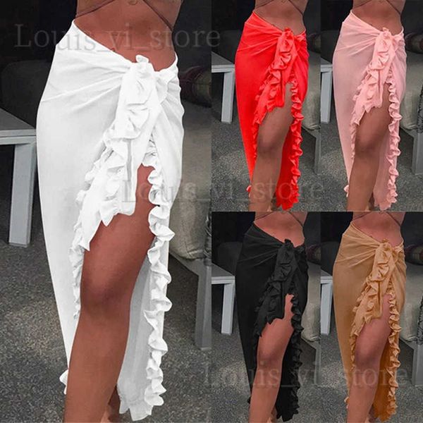 Kadın Mayo Kadın Şifon See-Through Plaj Bikini Örtün Sarar Sarbası Mayo Pareo Sarong Elbise Katı Fırfır Sıradan Plaj Elbise T240222