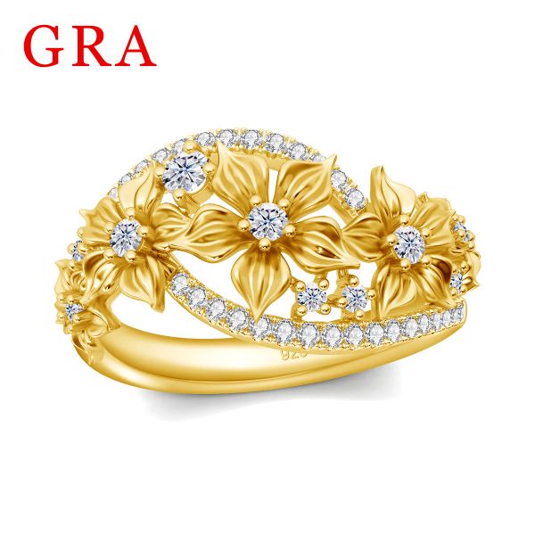 Ringe Szjinao Gelbgold Moissanit Ring für Frauen Blume mit Zertifikat Sonnenblume zarte Hochzeit Datierung Schmuckgeschenk weibliche Verkauf