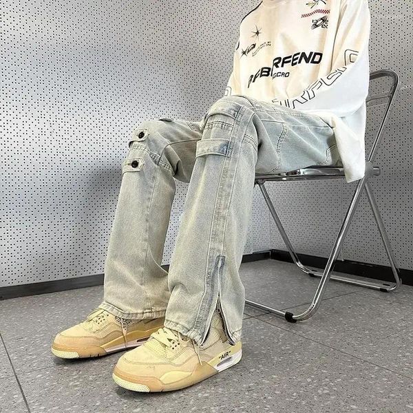 Jeans masculinos zíper queimado punk homem cowboy calças bootcut carga tamanho grande com fendas verão elegante y2k vintage em