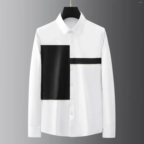 Camicie casual da uomo Camicia a maniche lunghe patchwork geometrica in bianco e nero con decorazione in filo d'oro dal taglio aderente per abiti alla moda