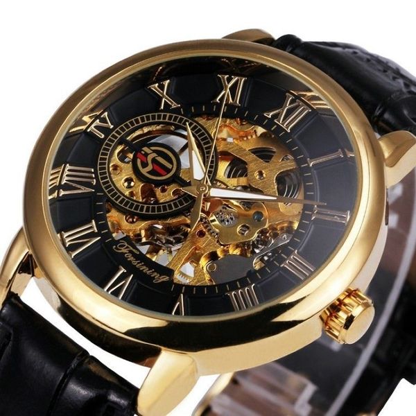 Forsining 3d logotipo design oco gravura preto ouro caso esqueleto mecânico masculino relógios heren pulseira de couro heren horloge y190522812