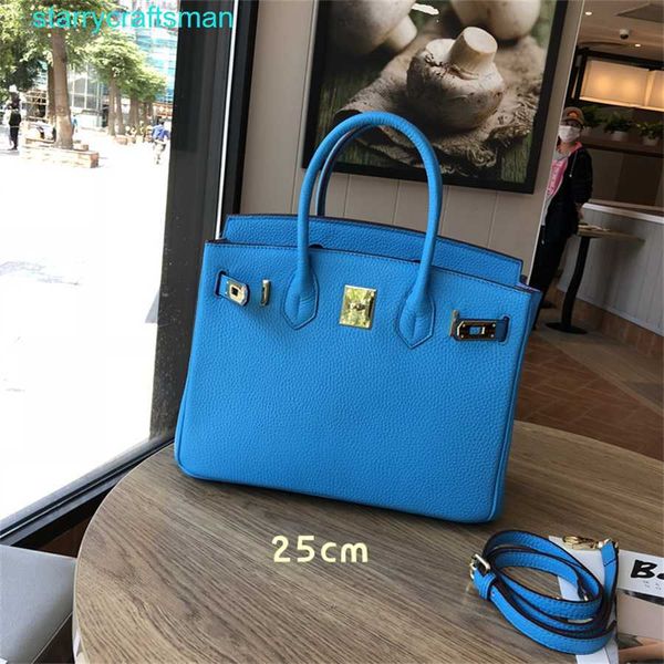 Bolsa de couro genuíno Totes BK azul celeste com padrão de lichia camada superior de couro de vaca bolsa platinada bolsa feminina de couro genuíno bolsa de couro macio brilhante pecado com logotipo hbFY