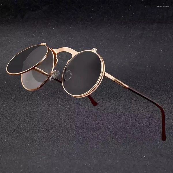 Güneş gözlüğü steampunk yuvarlak kadın erkekler metal vintage filp dairesel çift lens güneş gözlükleri stil daire gölgeleri gafas de sol uv400