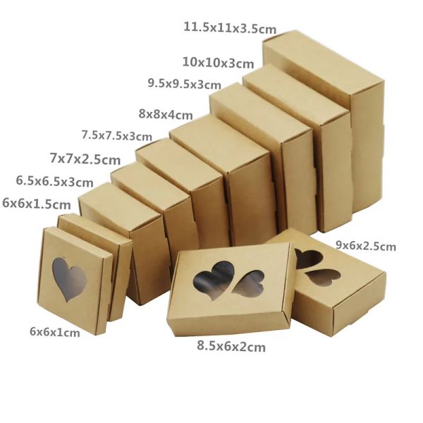 Caixas de presente de papelão de papel kraft, 24/50 unidades, com formato de coração, janelas de pvc, dia dos namorados, casamento, caixas de embalagem de joias