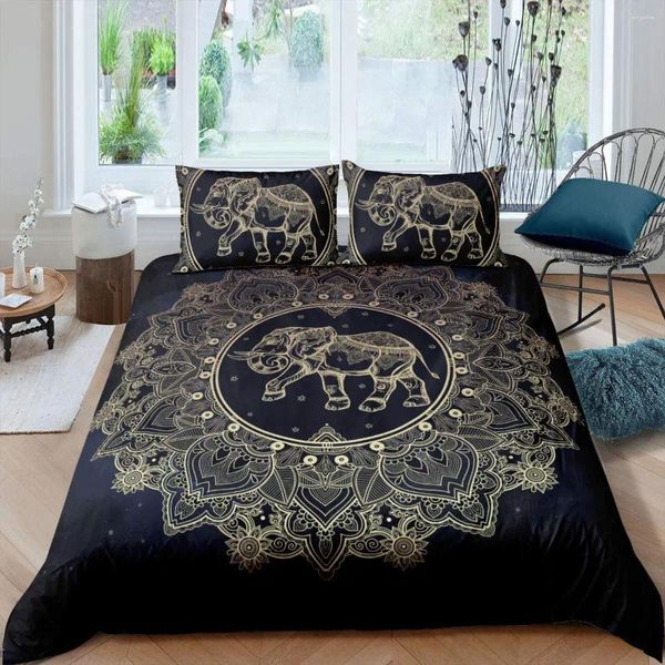 Conjuntos de cama Capa de edredão Boêmio Bonito Elefante Mandala Preto Dourado Boho Quarto Decorativo Quilt Estilo Luxuoso para Mulheres Presente