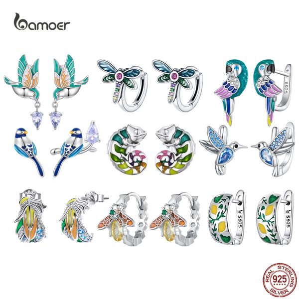 Orecchini Bamoer 925 Sterling Silver Colibrì Pappagallo Libellula Fibbie Orecchino carino Blu Zircone Orecchio per le donne Fine Party Jewelry