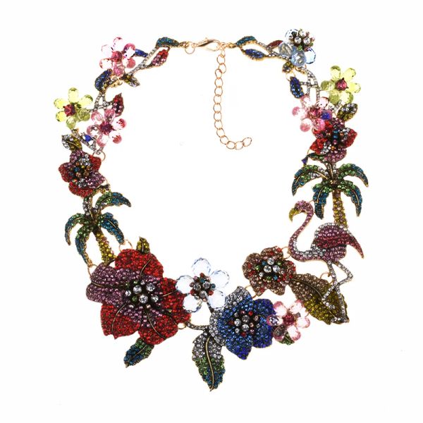 Halsketten, mehrfarbige Kristall-Strass-Flamingo-Halskette für Damen, indische Vintage-Statement-Halskette, großer Kragen, großer Bib-Halskette, Schmuck