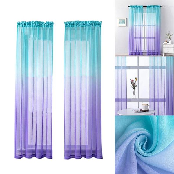 Cortina 2 peças cortinas de tule em cor gradiente para sala de estar quarto voile painéis de tratamento de janela decoração de casa