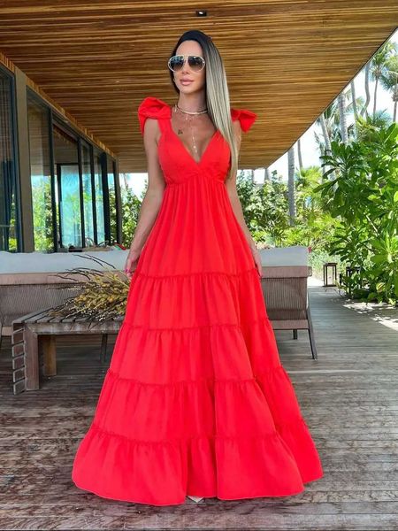 Grundlegende Freizeitkleider 2023 Damen-Einteilerkleid mit V-Ausschnitt, Schultergurten und schleifenlosem Strandkleid, Damen-Partykleid, lässige Sommerkleidung, modisch, J240222