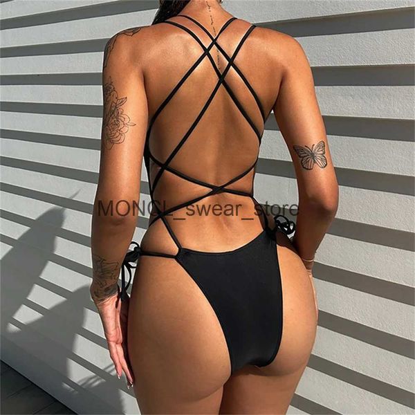 Costumi da bagno da donna Costumi interi neri Costumi da bagno da donna Lace Up Backless Perizoma 2023 Costume da bagno sexy solido Criss Cross Body snellenteH24222