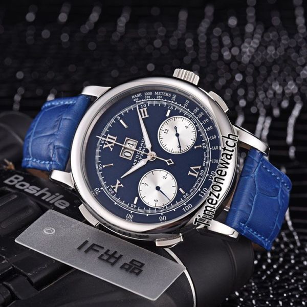 Новый стальной корпус 42 мм Gig Dage Datograph 403 035 Синий циферблат с ручным заводом Автоматические мужские часы Синий кожаный ремешок Спортивные часы Timezo241o