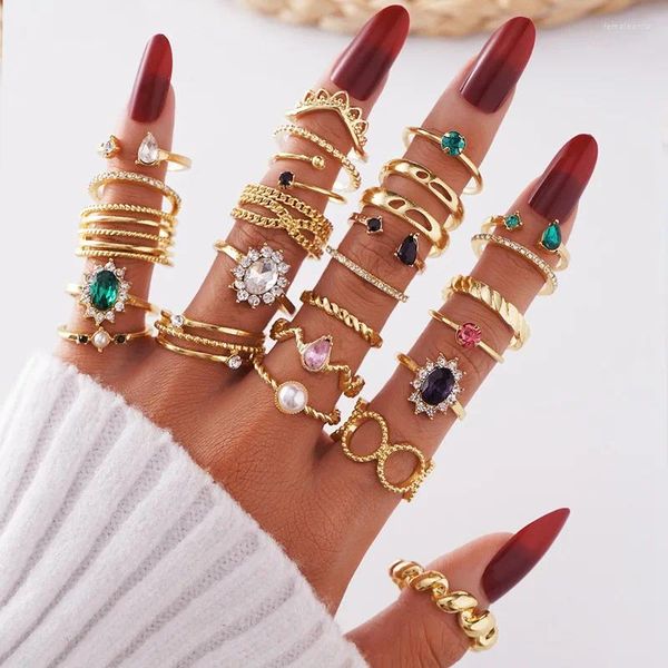 Кольца кластера IFKM, модный комплект с геометрическим костяшком для женщин, кольцо на палец с кристаллами золотого цвета, 2024, женские свадебные украшения в стиле бохо, подарок