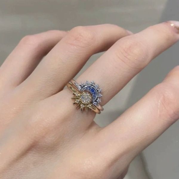 Moda coreana sol lua estrela 14k anéis de ouro para mulheres temperamento ajuste espumante casal anéis definir dedo jóias de casamento charme presentes
