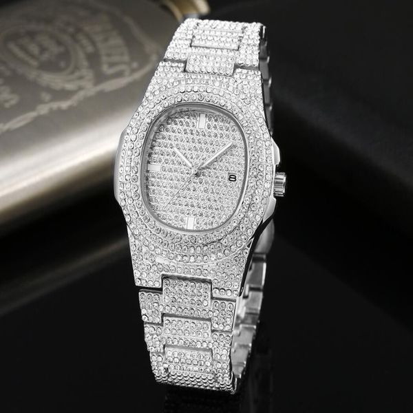 Luxo quartzo ouro presidente dia-data diamantes relógio masculino inoxidável mãe de pérola dial diamante moldura relógio de pulso automático 260v