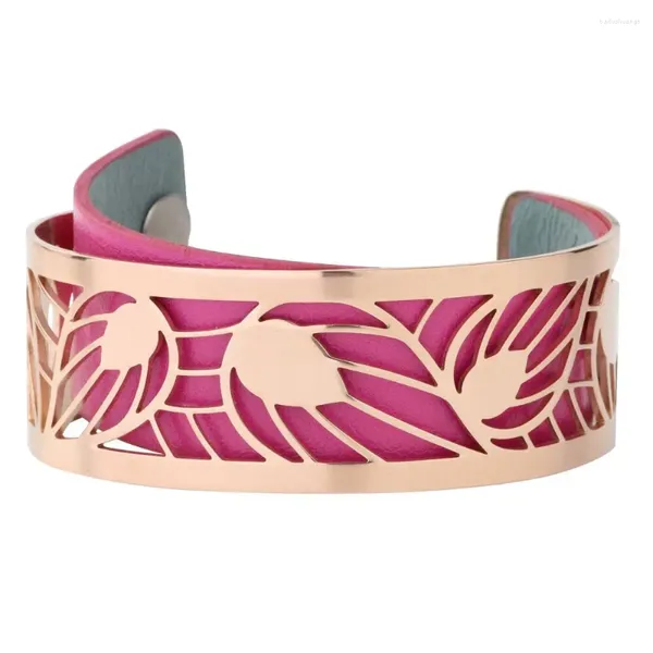 Bangle Yoiumit Alta Qualidade Folha Cuff Pulseiras Pulseira De Aço Inoxidável Para Mulheres Rosa Chapeamento De Ouro Jóias De Couro Intercambiáveis