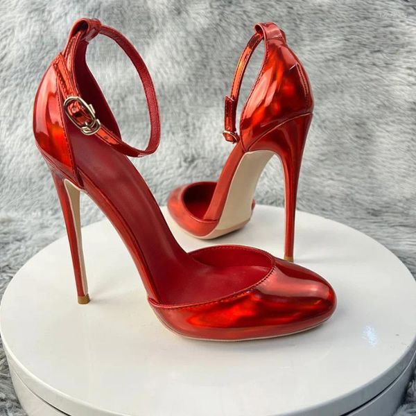 Elbise ayakkabıları lazer kırmızı patent deri kadın ayak bileği kayış d'Orsay pompalar 12cm yüksek topuklular sevimli Mary Jane içinde stilettos parti