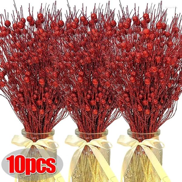 Fiori decorativi 1/10 pezzi Natale artificiale glitter bacche stelo ornamenti albero di natale ramoscelli rami corona fai da te festa a casa festa