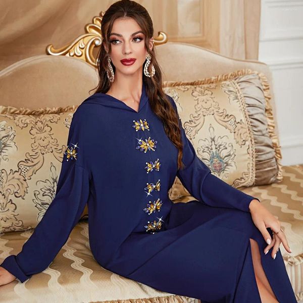 Abbigliamento etnico Eid Party Donne musulmane Diamanti Abaya Abiti lunghi lunghi con cappuccio Turchia Arabo Caftano Islamico Dubai Robe Ramadan Jalabiya