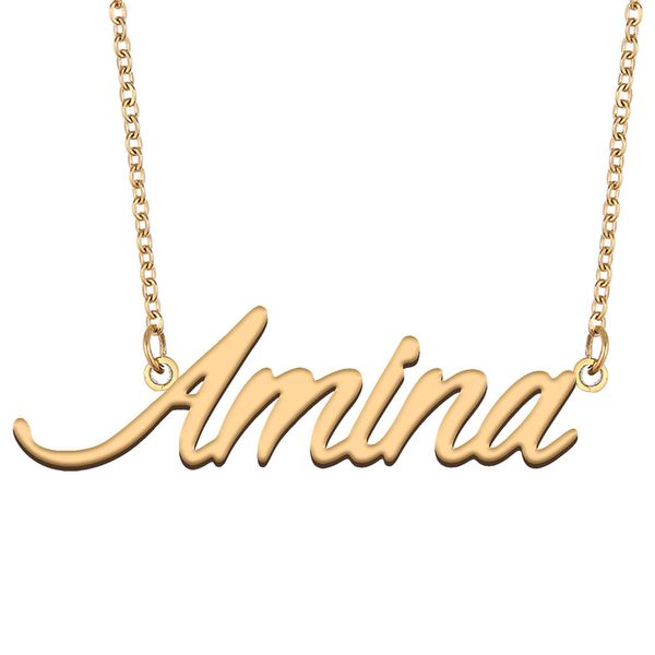 Amina placa de identificação ouro colar com nome personalizado pingente personalizado para homens meninos presente de aniversário melhores amigos joias banhado a ouro 18k aço inoxidável