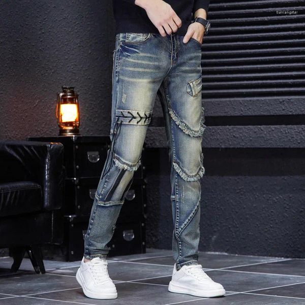Jeans da uomo autunno e inverno pantaloni casual effetto consumato retrò patchwork a gamba dritta a vita media di alta qualità