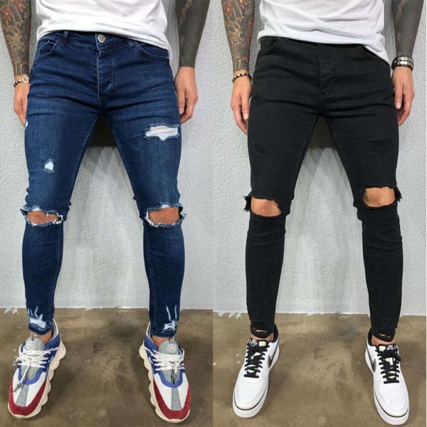 O Festival da Primavera não fecha, jeans de perna elástica desgastados masculinos de alta qualidade com novos estilos rasgados