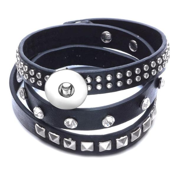 Charme Armbänder 18mm DIY Noosa Snap Armband Charms Schwarz Leder Wrap Schmuck Für Frauen Europäischen Niet Kristall Diamant Punk armband Dhchj