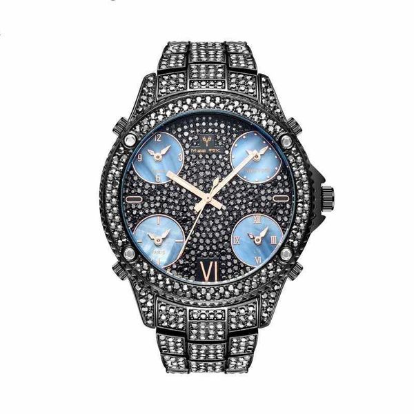 Relógio masculino à prova d'água com mostrador grande multitempo luminoso de moda incrustada com diamantes