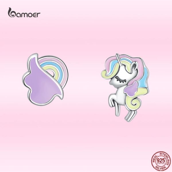 Orecchini Bamoer New Dreamy Unicorn Ear Studs per la giovane ragazza Genuino argento sterling 925 Morandi Orecchini animali di colore Fine Party Jewelry