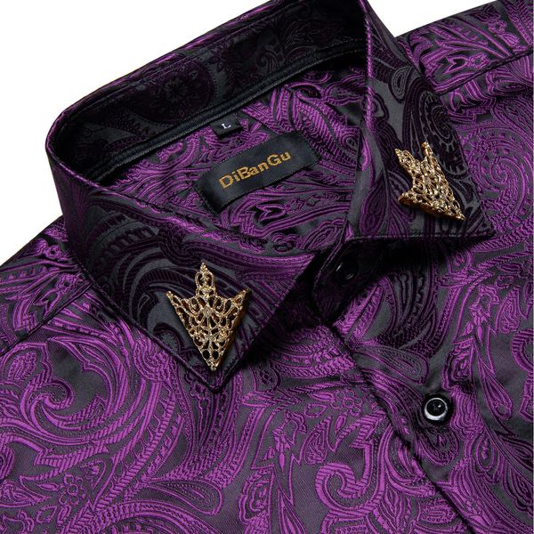 Marke Herren Lila Paisley Hemden Langarm Business Formelle Kleidung Knopf Hemd mit Kragen Pin Männliche Bluse Casual Tops DiBanGu 240125