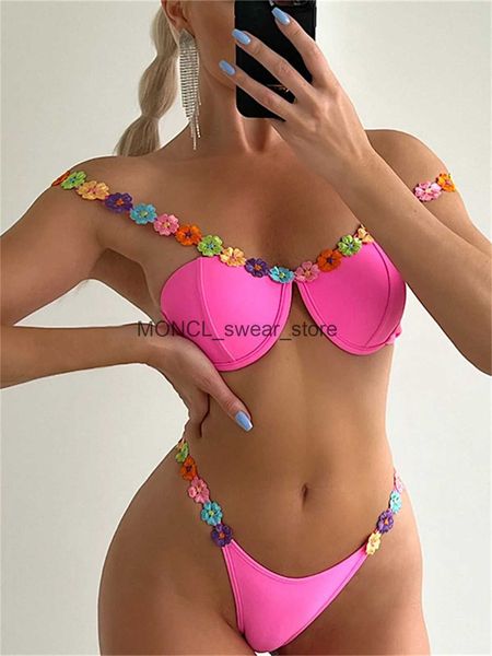 Costumi da bagno da donna sexy bikini con ferretto 2023 donne tinta unita rosa caldo designer floreale micro costume da bagno ritagliato costume da bagno da spiaggia perizoma bikiniH24222