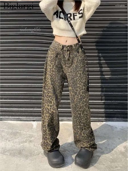 Kadınlar kot leopar baskı bahar sonbahar uzun pantolon kadın gevşek pileli moda yüksek bel bayanlar pantolonlar Koreli kadın düz pantolon xufeng456