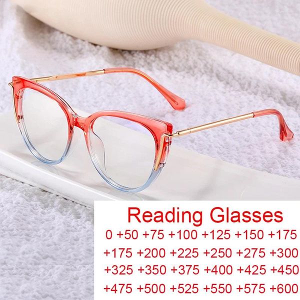 Sonnenbrille Modedesigner Anti Blaues Licht Frauen Lesebrille Metall Cat Eye Marke Farbverlauf Rahmen Presbyopie Brillen Plus