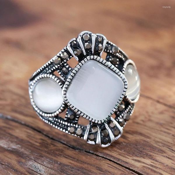 Anelli a grappolo Wbmqda Anello vintage in argento tibetano geometrico con opale bianco per le donne Steampunk Design creativo Gioielli antichi di moda classica